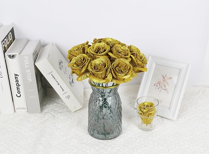 Gold Roses Artificial Flowers,30PCS Glitter Roses Bouquet Faux Roses with Stems for DIY Crafts Wedding Bouquet Party Home Decor(Gold)