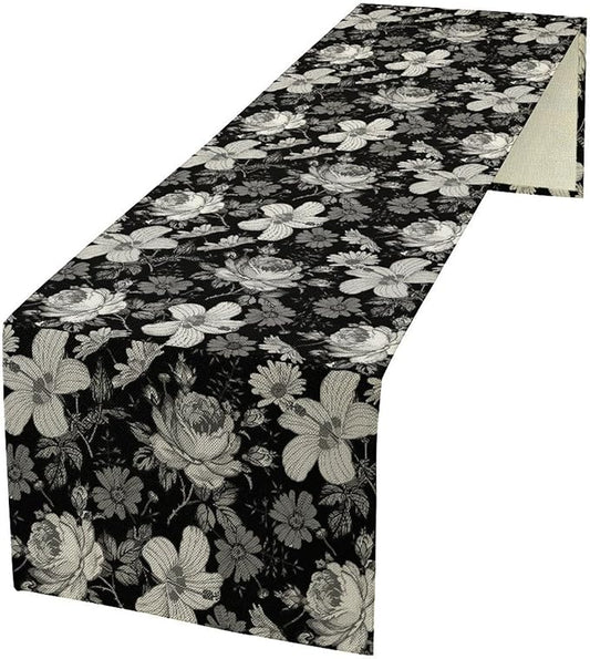 Black Floral Table Runner, Abstract Vintage Black White Floral Plants Leaves Boho Dark Gothic Garden Table Runner for Indoor Outdoor Party Wedding Decor, 13x108inch