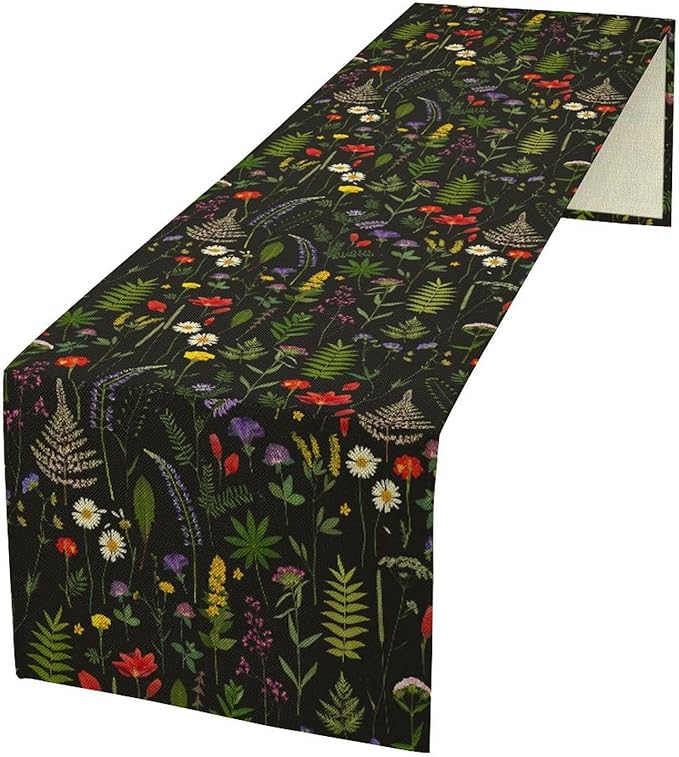 Rustic Field Table Runner, Vintage Farmhouse Natural Forest Wildflowers Plants Herb Print Kitchen Dining Table Decor Seasonal Home Decoration Indoor Outdoor Party, 13x70inch