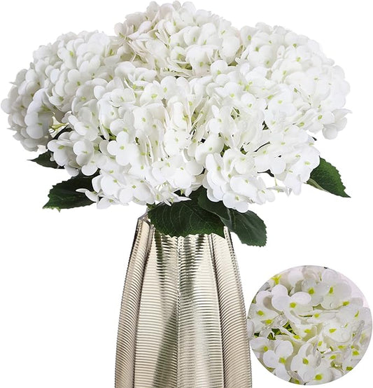 Kimura's Cabin 5Pcs 21inch Real Touch White Hydrangeas Flowers Realistic Hydrangea Artificial Flower with Stem Bouquet for Wedding Birthday Party Home Interior Dining Table Centre Decoration (White)