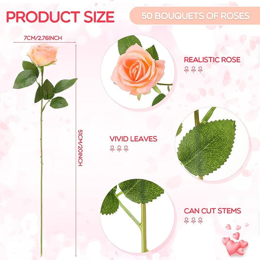 Jexine 50 Pcs Artificial Rose Flower Bulk Realistic Silk Fake Roses with Long Stem Plastic Artificial Flower Bouquet Real Looking for Home Wedding Centerpieces Party Decoration(Champagne)