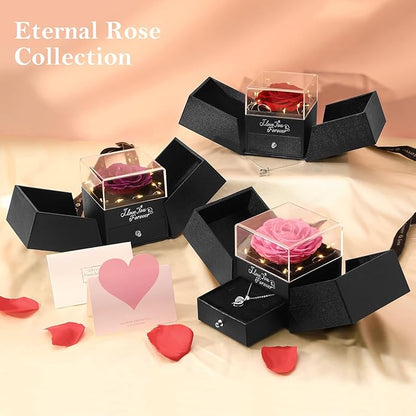 Emibele Preserved Rose Gifts for Women, Eternal Flower Rose Box with Heart Necklace, Romantic I Love You Gifts for Her Women Wife Mom Grandma on Valentines Mothers Day Birthday Anniversary