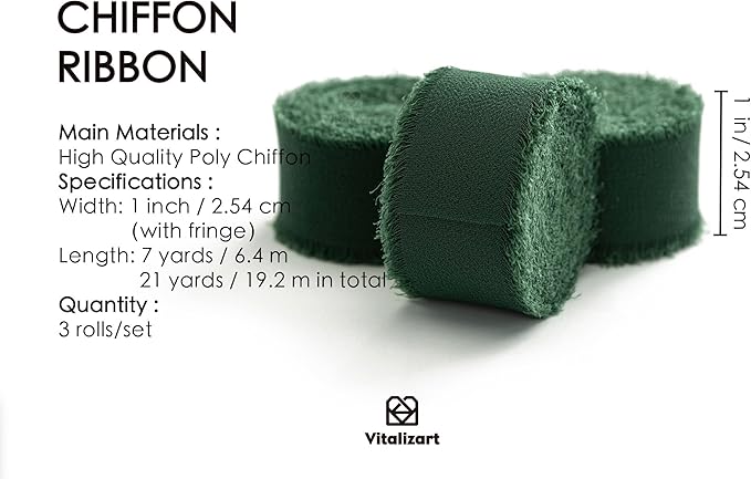 Vitalizart Dark Green Chiffon Silk Ribbon 1" x 21 Yd Fringe Fabric Package (3 Rolls * 7 Yd) for Wedding Invitations Bridal Bouquets Decorations Gifts Wrapping & Bow Making