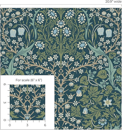 NextWall Seabrook Designs Victorian Garden Floral Vintage Prepasted Wallpaper (Prussian Blue & Moss Green)