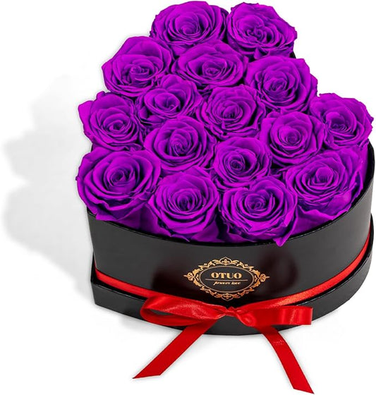 16 Preserved Roses in Heart-Shaped Box, Flowers for Delivery Prime Last up 2 Years, Real Forever Flowers for Wife, Girlfriend, Mother, Eternal Roses for Anniversary - Purple
