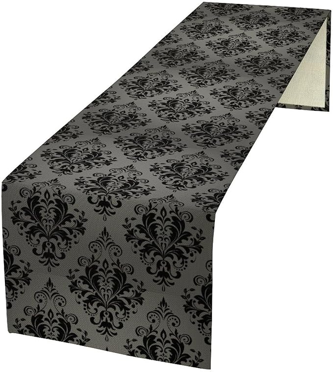 Black Damask Table Runner,Gothic Antique Victorian Floral Boho Table Runner for Home Kitchen Table Dining Garden Farmhouse Wedding Party Decor 13x60 Inch