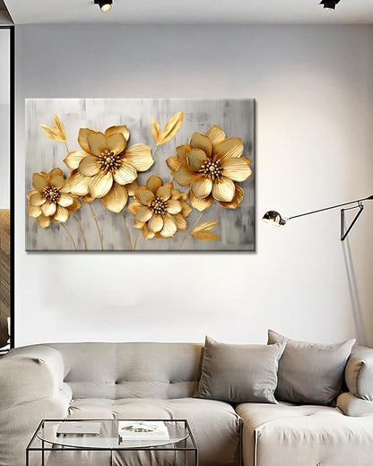 GLOKAKA Gold Metallic Flowers Print Wall Art Elegant Floral Flower Canvas on Grey Background Painting Picture Artwork for Living Room Bedroom Bathroom Decor (Gold Metallic Flowers, 18"x12")