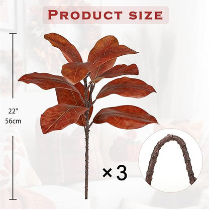 Briful Artificial Magnolia Leaves Stems 3 Pack 22in Orange Fake Magnolia Branches for Vase Fall Leaves Stems for Home Room Arrangements Centerpieces Thanksgiving Décor (Vase Not Included)