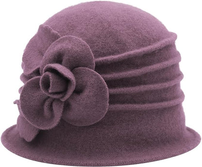ZLYC Women Wool Cloche Bucket Hat 1920s Vintage Dress Winter Hats with Flower Accent