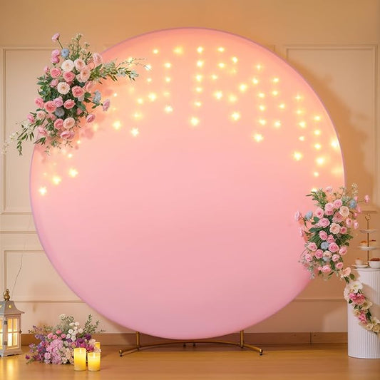 6.6 FT Pink Round Backdrop Cover with Lights String for Circle Arch Stand Circle Backdrop Covers with LED Fairy Lights for Wedding Baby Shower Girls Birthday Party Photo Shoot Photography Background
