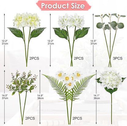 Hydrangea Artificial Flowers 12PCS White Faux Flowers Fake Hydrangea Daisies Silk Arrangements Realistic Fake Flowers for Vase Floral Centerpiece Arrangements Wedding Bridal Bouquet Party Home Decor