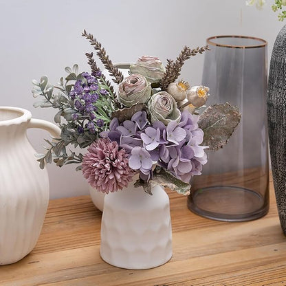 13-inch Small Artificial Fake Flowers for Table Arrangements, Silk Faux Bouquets with Three Roasted Edge Roses, Hydrangeas, Globeflower, babysbreaths, Ideal for The Kitchen or Bedroom.