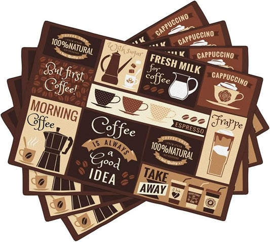 Coffee Table Placemats Set, Hot Mocha Latte Milk Typography on Scribble Backdrop, Set for Dining Table Decor 4 PCS, Cafe-2