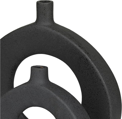 CosmoLiving by Cosmopolitan Ceramic Decorative Vase Round Donut Shaped Centerpiece Vases, Set of 2 Flower Vases for Home Decoration 15", 10"H, Black
