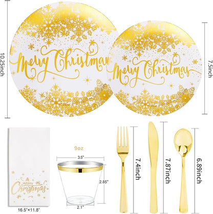 DaYammi 175Pcs Christmas Gold Plastic Dinnerware Set, 50Pcs Heavyduty Disposable Party Plates,Fancy Snowflake Design, 75Pcs Gold Plastic Cutlery,25Pcs 9oz gold Cups,25Pcs Napkins Perfect for Christmas