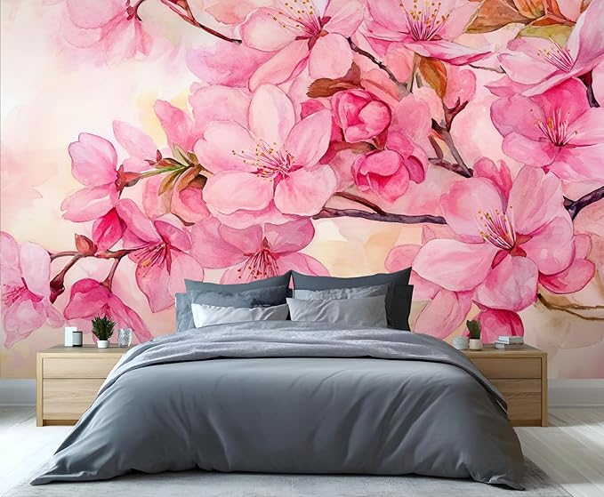 Watercolor Cherry Blossom Wall Mural, Japanese Cherry Blossom 3D Wall Murals, Simple Elegant Flowers Wallpaper Mural, for Living Room Bedroom Large Wallpaper Indoor Decor 169.3" W x118.2 H