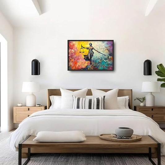 Extra Large Lady Justice Framed Wall Art for Living Room,Oversized Scales of Justice Pictures Wall Decor,Abstract Colorful Canvas Print Painting Modern Artwork Bedroom Office Bathroom 36L x 24W