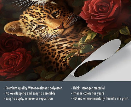 Jungle Rose Leopard Wall Mural, Big Cat Floral 3D Wall Murals, Wild Animal Leopard Wallpaper Mural, for Living Room Bedroom Large Wallpaper Indoor Decor 98.4" W x68.9 H