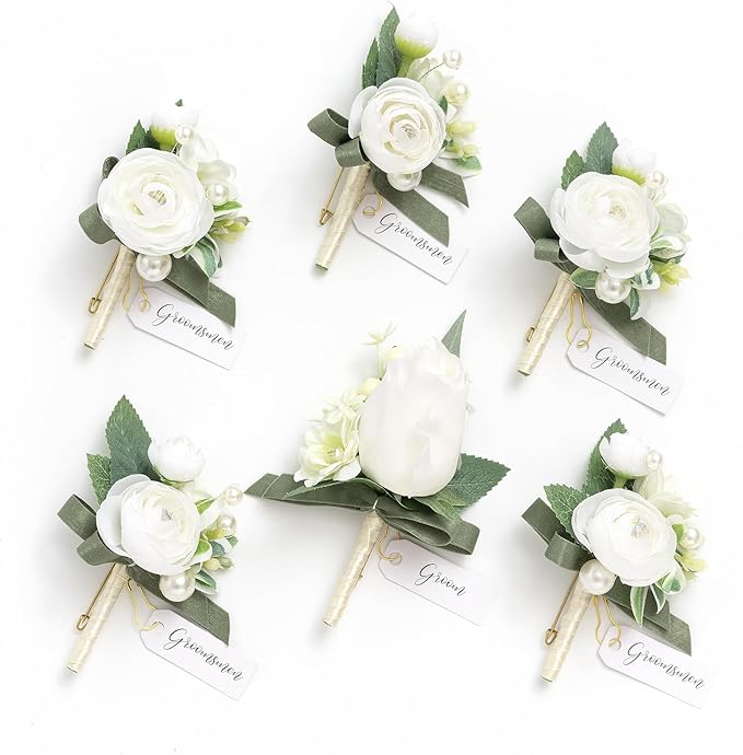 Ling's moment Boutonniere for Men, 6pcs Groom Groomsmen Boutonniere, Artificial Flowers for Wedding Decor/Prom/Homecoming, etc.White Ranunculus Pearl