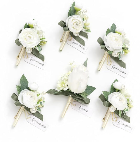 Ling's moment Boutonniere for Men, 6pcs Groom Groomsmen Boutonniere, Artificial Flowers for Wedding Decor/Prom/Homecoming, etc.White Ranunculus Pearl