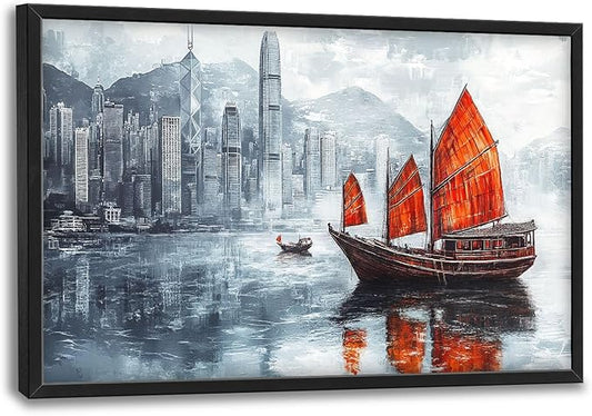 Cityscape Boat Large Wall Art Sailboat Pictures Wall Decor Coastal Canvas Ocean Nautical Print Painting Modern Artwork Home Decoration for Living Room Bathroom Bedroom Office Framed 24"x36"