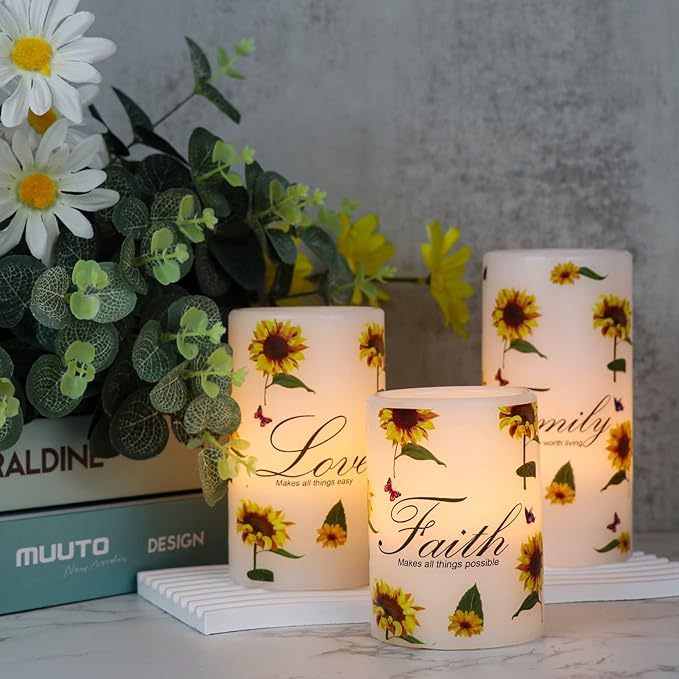 DRomance Sunflower Flameless Flickering Candles with 6H Timer, Set of 3 Battery Operated White Real Wax LED Pillar Candles Party Dinner Holiday Decor(3 x 4,5,6 Inches)