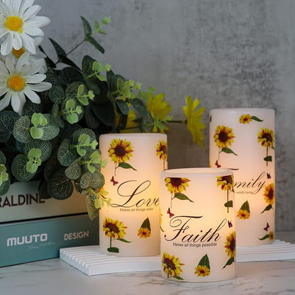 DRomance Sunflower Flameless Flickering Candles with 6H Timer, Set of 3 Battery Operated White Real Wax LED Pillar Candles Party Dinner Holiday Decor(3 x 4,5,6 Inches)