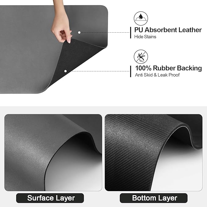 Dish Drying Mat for Kitchen Counter | Coffee Bar Mat for Countertops | Heat Resistant Drainer Mat with Non-slip Rubber Backed | Hide Stain Kitchen Absorbent Draining Mat | Dark Grey 18"x32"