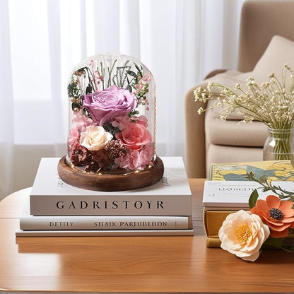 Flowers for Delivery Prime Preserved Flowers Lilac Roses with LED Light in a Glass Dome,Long Lasting Real Roses Birthday Gifts for Women Daughter Mom Wife Friend（Lilac Rose）