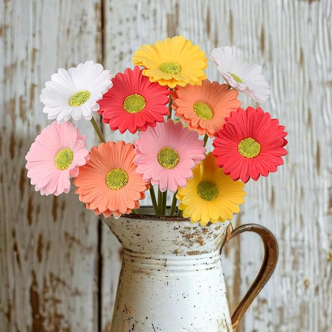 10 Pcs Artificial Gebera Daisies Flowers Fake Daisies Real Touch Flower PU Faux Flowers Bouquet for Indoor Home Arrangements Vase Wedding Party Table Centerpiece DIY Floral Decor Multicolor