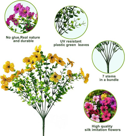 12 Bundles Artificial Flowers for Outdoor,No Fade UV Resistant Fake Flowers,Faux Plants for Outside Hanging Planters,Artificial Plants for Indoor Porch Garden Home Wedding Decor(4 Color)