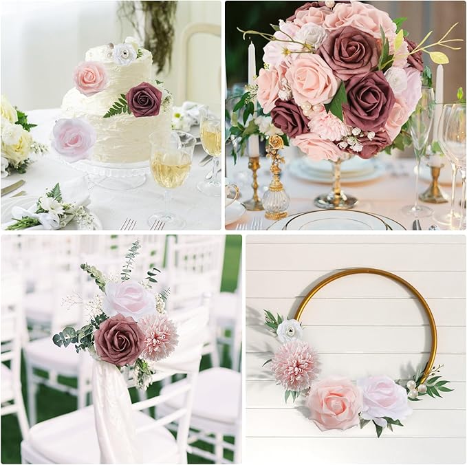 Artificial Flowers Combo Dusty Pink White Roses with Stems Leafs Bouquets Bridal Wedding Shower Decorations Fake Floral for Party Table Centerpieces