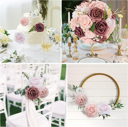 Artificial Flowers Combo Dusty Pink White Roses with Stems Leafs Bouquets Bridal Wedding Shower Decorations Fake Floral for Party Table Centerpieces