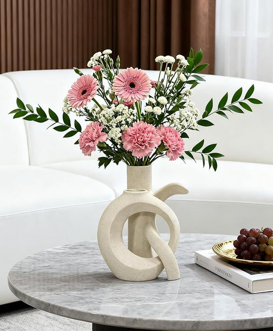 White Ceramic Unique OK Vase Set of 2, Cute Pampas Grass Funky Vase, Modern Boho Aesthetic Decorative Vase for Home Decor (White 1)