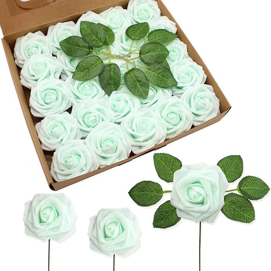 JOYLEX Artificial Flowers Realistic Roses, Real Looking Fake Roses with Stem for DIY Wedding Bouquets Centerpieces Bridal Shower Party Home Romantic Decorations (Light Green, Regular 3" - 200pcs)