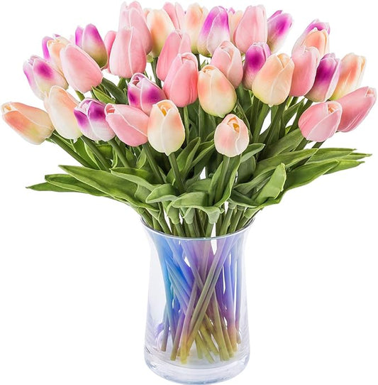 30pcs Artificial Tulips Flowers Real Touch Multicolored Tulips Fake Holland PU Tulip Bouquet Latex Flowers for Wedding Party Office Home Kitchen Decoration (Champagne Light Purple Pink)