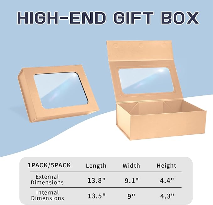 Rose Gold Large Gift Boxes with Window, 13.5"x9"x4.3" Bridesmaid Boxe for Gift Giving,Birthday Gift Box with Magnetic,Closure Lid Gift Boxes for Presents,Cute Boxe,Luxury for Gift Packaging,Gift Box for Wrapping Gifts