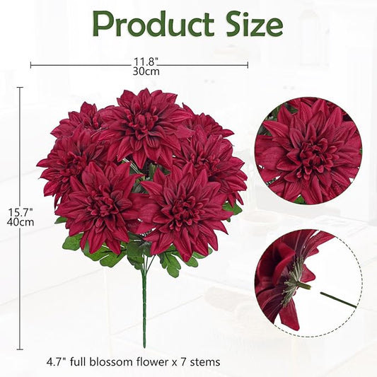 Hollyone Red Artificial Dahlia Flowers Bush Fake Fall Flowers Artificial for Decoration Outdoor Indoor 7 Heads Silk Faux Dahlias Flower Bouquets Arrangements Centerpieces Fall Decorations for Home