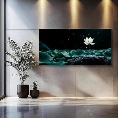 Iallbin Buddha Wall Art & Zen Wall Decor, White Lotus on Water Canvas Painting - for Yoga Meditation Room, Spa & Bathroom, Blue Art Deco Style, 58x29 Inches