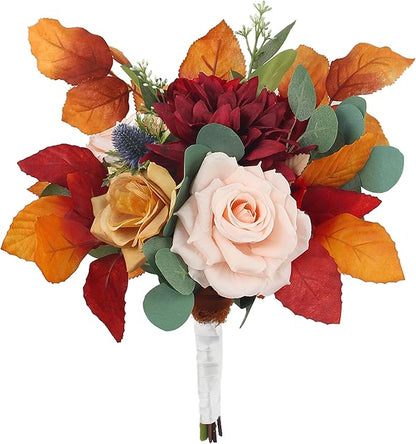 Rinlong 1Pc Bridesmaids Bouquet Fall Wedding Bouquets for Bridesmaid Terracotta Artificial Flowers Burnt Orange Silk Bouquet for Wedding