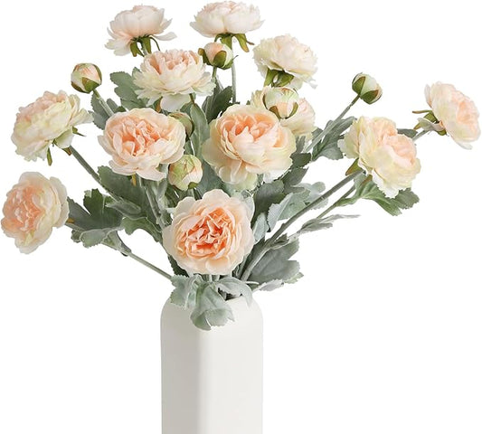 IPOPU Champagne Fake Peonies Artificial Ranunculus Flowers 6pcs 18Heads Champagne Silk Flowers 20.47" Artificial Flowers Bulk for Faux Floral Arrangements Home Table Decor