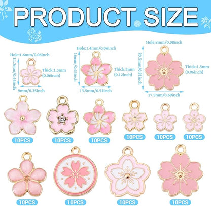 KISSITTY 100Pcs Light Gold Alloy Enamel Charms Cherry Blossom Flower Charm Bulk Gold Plated Pendant Cute Small Floral Dangle Charms for DIY Jewelry Making Kit Bracelet Necklace Keychain Crafts