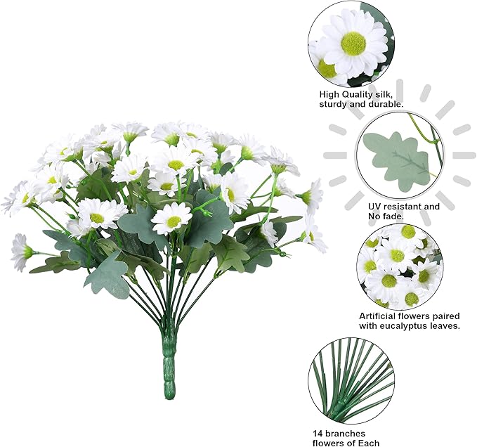 Daisy Artificial Flowers for Outdoors Winter Decoration, 6 Bundles Fake Mums White Silk Flowers for Outside Look Real UV Resistant Faux Flowers Plants for Planter Front Door Home Indoor Porch Urn