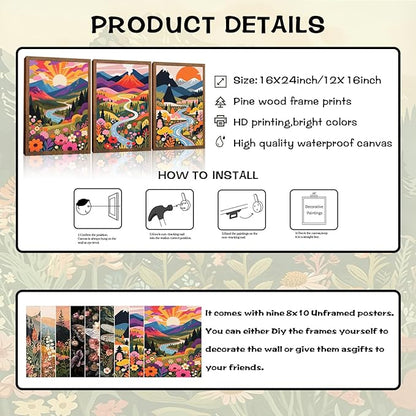 Nature Landscape Boho Wall Art Set of 3 24x16In Wood Framed,with 9 Bonus 8x10 Posters Prints, Abstract Ridge River Sunset Floral Canvas Paintings for Living Room Bedroom Office