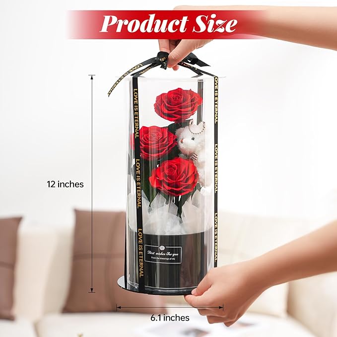 Flowers Forever Roses in A Box, 3 Real Roses with Stems and Bear, Eternal Rose Gifts for Her,Birthday Gifts for Women, Mom,Girlfriend,Grandma,Daughter,Red