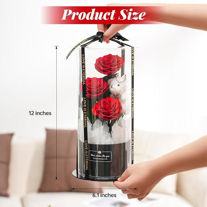 Flowers Forever Roses in A Box, 3 Real Roses with Stems and Bear, Eternal Rose Gifts for Her,Birthday Gifts for Women, Mom,Girlfriend,Grandma,Daughter,Red