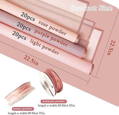 Cenbee 60 Sheets Translucent Gold Edge Floral Wrapping Paper, 23 x 23 Inch, with 20 Yards Ribbon, DIY Crafts Gift Box Packaging, Bouquet Supplies (Pink)
