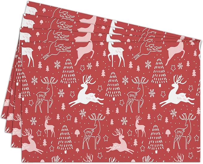 Elk Red Christmas Placemats Set of 4, Dining Mat Cotton Linen Waterproof Table Mats Decor Fabric for Christmas Holiday Kitchen Dinner Table, Washable Wipeable Placemat -N041