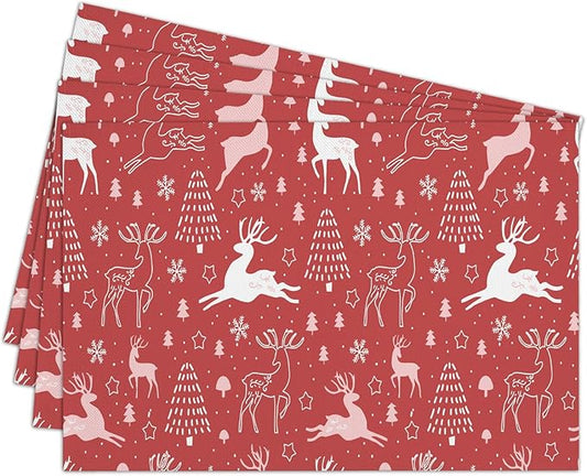 Elk Red Christmas Placemats Set of 4, Dining Mat Cotton Linen Waterproof Table Mats Decor Fabric for Christmas Holiday Kitchen Dinner Table, Washable Wipeable Placemat -N041