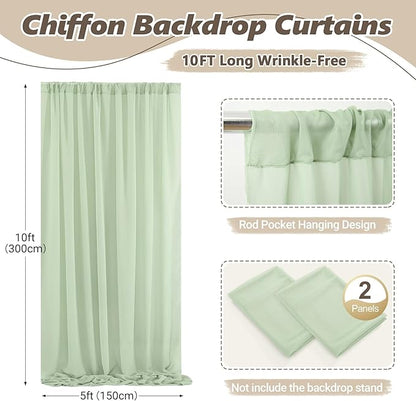 10ft x 10ft Sage Green Backdrop Curtains, Wrinkle-Free Sheer Chiffon Fabric Backdrop Drapes for Wedding Arch Party Ceremony Stage Photo Decoration